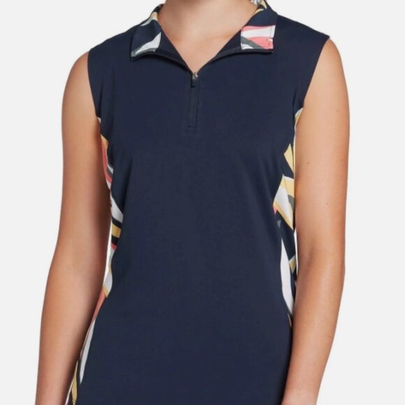 LADY HAGEN DESERT GETAWAY WOMENS NAVY BLUE SLEEVELESS GOLF TOP RETRO LEAF XS ZIP - Picture 1 of 7
